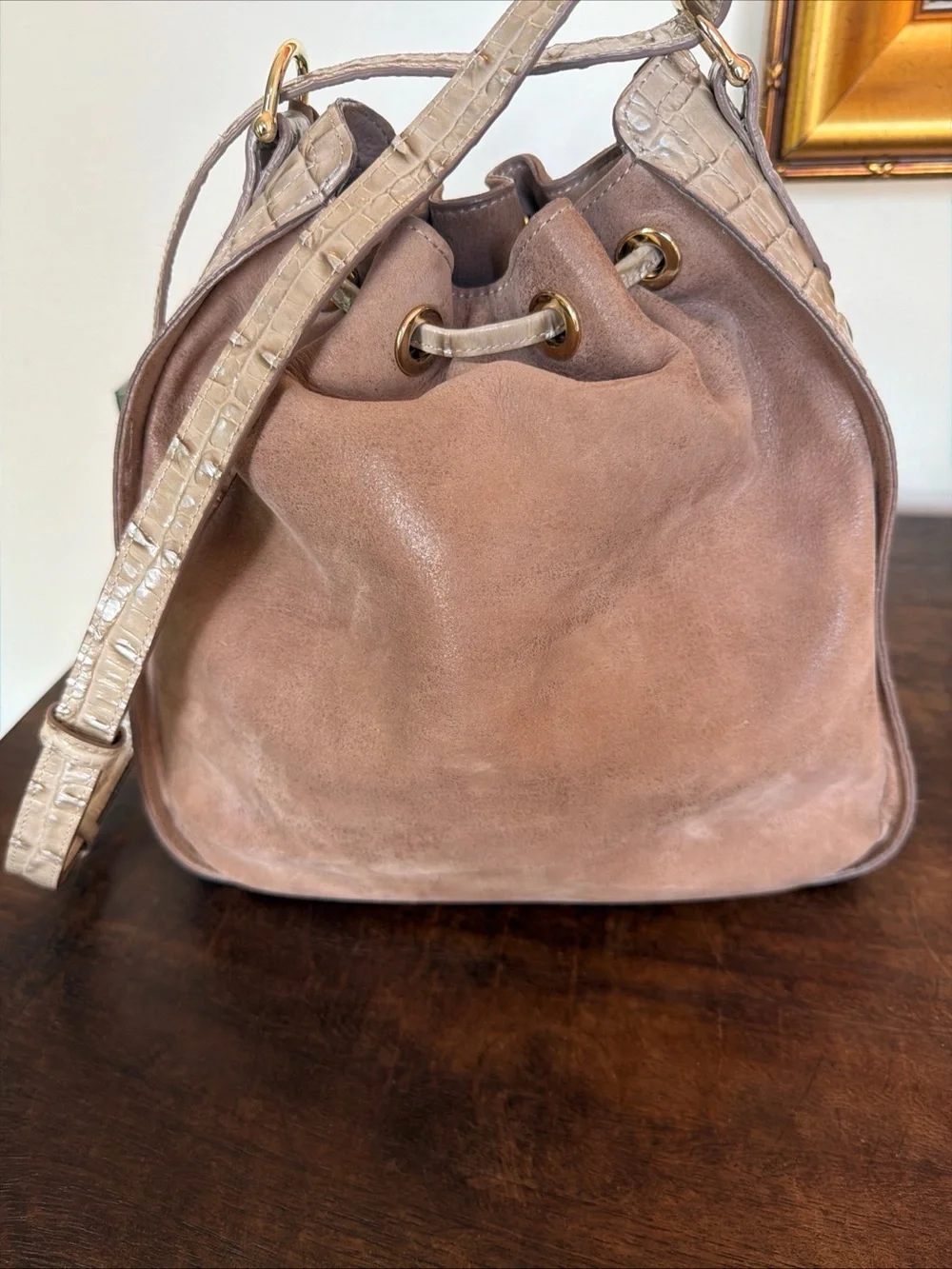 Brahmin Blush Taupe Drawstring Hobo Bucket Bag alligator embossed Tassel